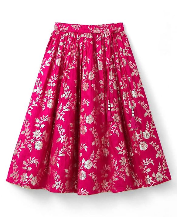 Babyhug Woven Sleeveless Brocade Floral Foil Print Lehenga Choli and Dupatta Set - Fuchsia