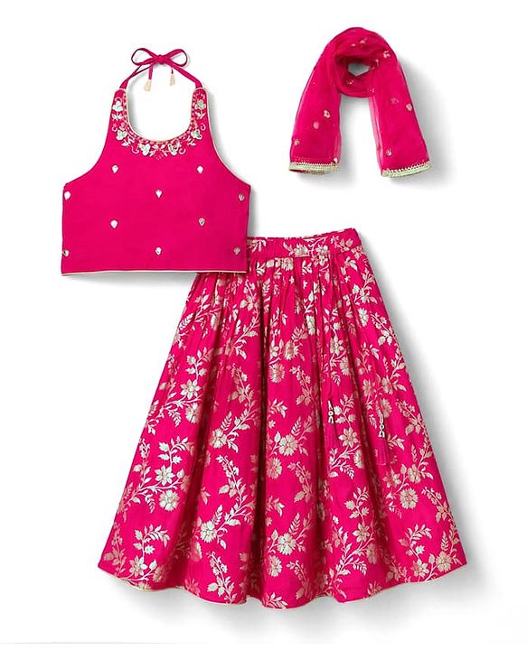 Babyhug Woven Sleeveless Brocade Floral Foil Print Lehenga Choli and Dupatta Set - Fuchsia
