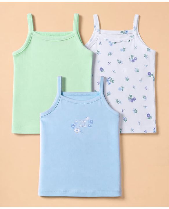 Babyhug 100% Cotton Single Jersey Knit Sleeveless Floral Printed Slips Pack of 3 - Blue, Green & White