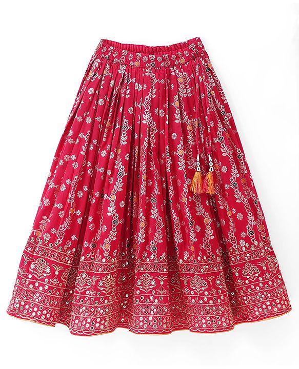 Babyhug Brocade Woven Half Sleeves Embellished Choli & Lehenga Set With Dupatta - Fuchsia