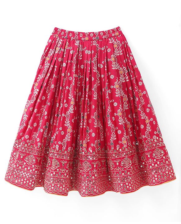 Babyhug Brocade Woven Half Sleeves Embellished Choli & Lehenga Set With Dupatta - Fuchsia