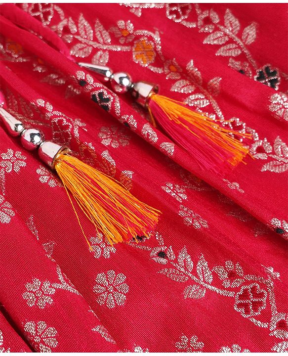 Babyhug Brocade Woven Half Sleeves Embellished Choli & Lehenga Set With Dupatta - Fuchsia
