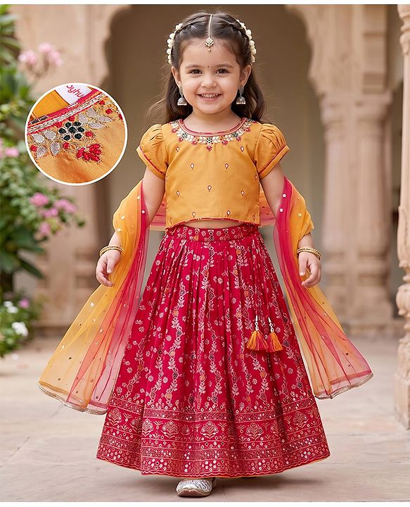 Babyhug Brocade Woven Half Sleeves Embellished Choli & Lehenga Set With Dupatta - Fuchsia
