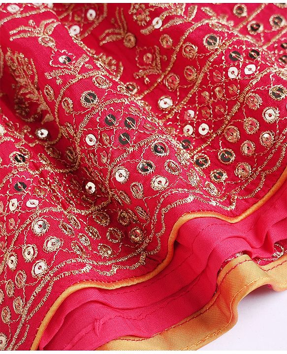 Babyhug Brocade Woven Half Sleeves Embellished Choli & Lehenga Set With Dupatta - Fuchsia