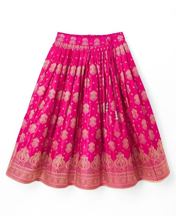 Babyhug Brocade Woven Half Sleeves Lehenga, Choli and Dupatta Set with Damask Foil Print - Fuchsia