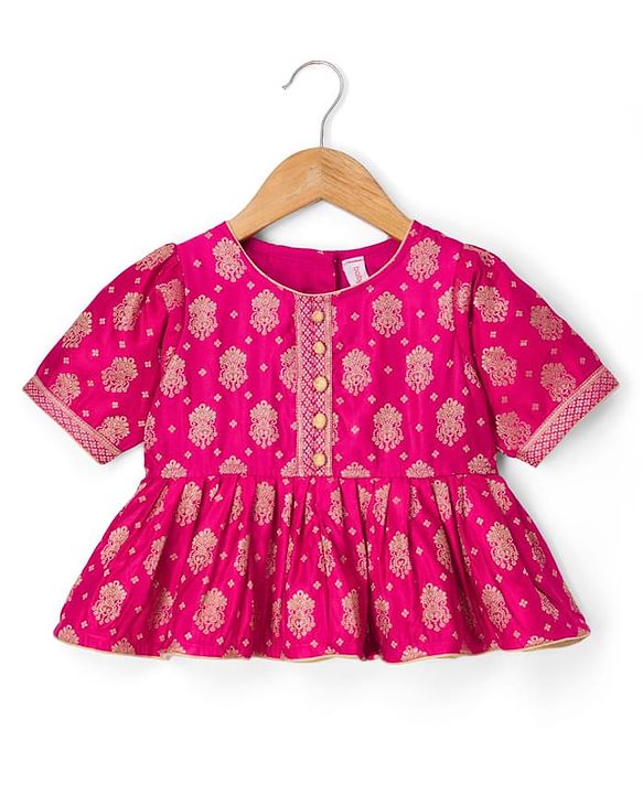 Babyhug Brocade Woven Half Sleeves Lehenga, Choli and Dupatta Set with Damask Foil Print - Fuchsia