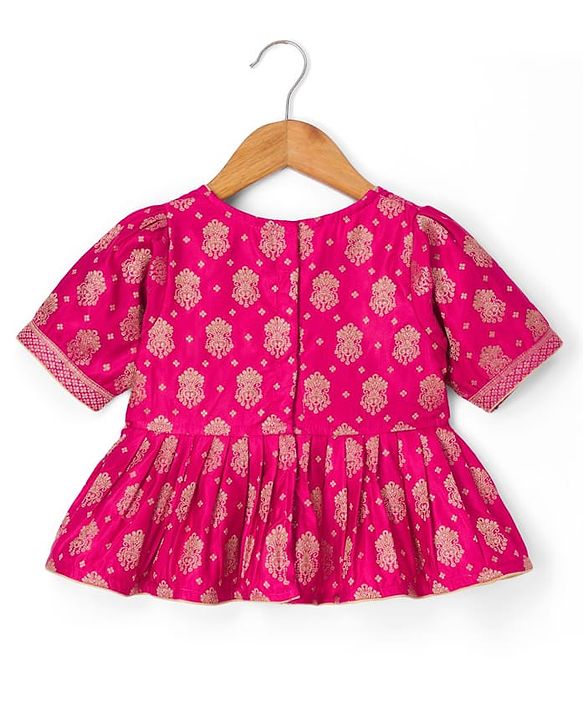 Babyhug Brocade Woven Half Sleeves Lehenga, Choli and Dupatta Set with Damask Foil Print - Fuchsia