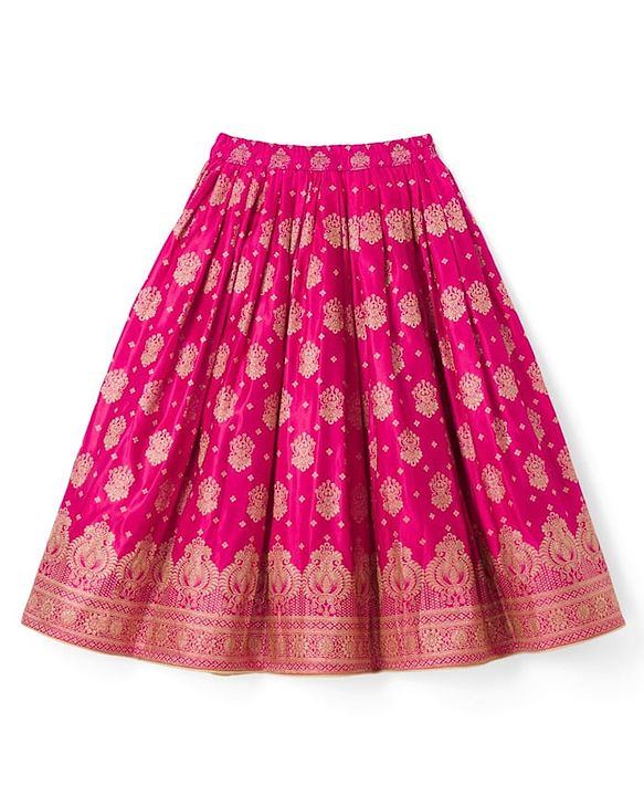 Babyhug Brocade Woven Half Sleeves Lehenga, Choli and Dupatta Set with Damask Foil Print - Fuchsia