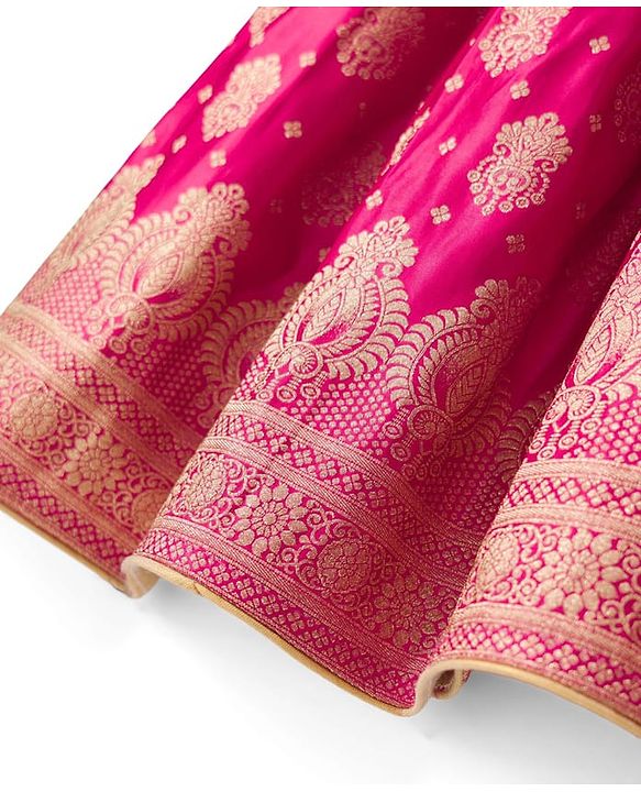 Babyhug Brocade Woven Half Sleeves Lehenga, Choli and Dupatta Set with Damask Foil Print - Fuchsia