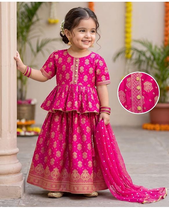Babyhug Brocade Woven Half Sleeves Lehenga, Choli and Dupatta Set with Damask Foil Print - Fuchsia