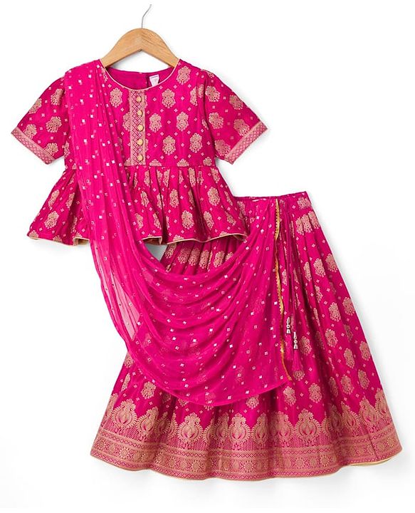 Babyhug Brocade Woven Half Sleeves Lehenga, Choli and Dupatta Set with Damask Foil Print - Fuchsia