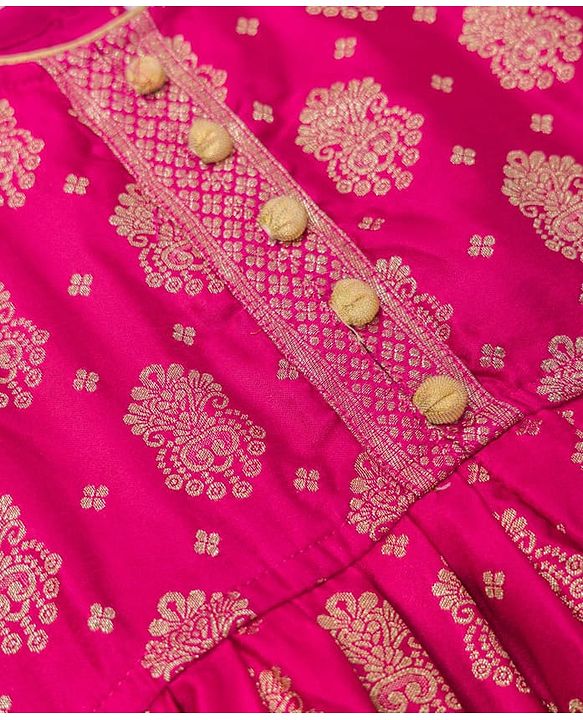 Babyhug Brocade Woven Half Sleeves Lehenga, Choli and Dupatta Set with Damask Foil Print - Fuchsia