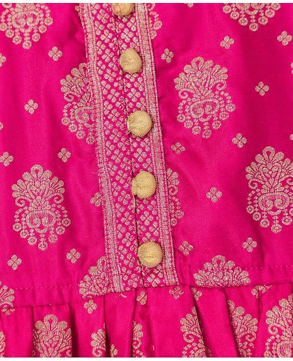 Babyhug Brocade Woven Half Sleeves Lehenga, Choli and Dupatta Set with Damask Foil Print - Fuchsia