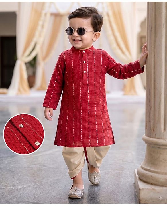 Babyhug Georgette Woven Full Sleeves Sequin Embroidered Dhoti Kurta Set - Red