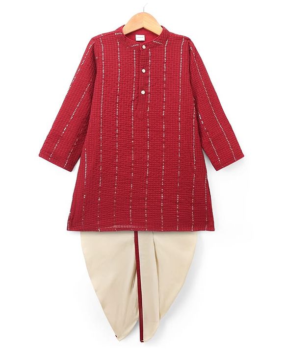 Babyhug Georgette Woven Full Sleeves Sequin Embroidered Dhoti Kurta Set - Red