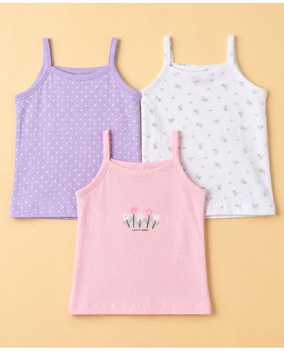 Babyhug 100% Cotton Single Jersey Knit Sleeveless Polka Dots & Floral Print Slips Pack of 3 - Purple White & Pink