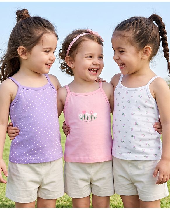 Babyhug 100% Cotton Single Jersey Knit Sleeveless Polka Dots & Floral Print Slips Pack of 3 - Purple White & Pink