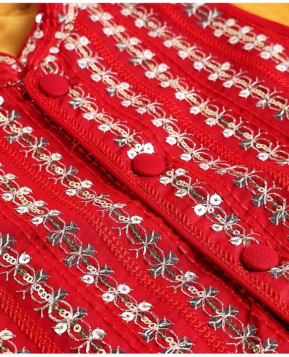 Babyhug Cotton Blend Woven Full Sleeves Solid Dhoti Kurta Set With Sequin Detailing & Embroidery Jacket - Mustard