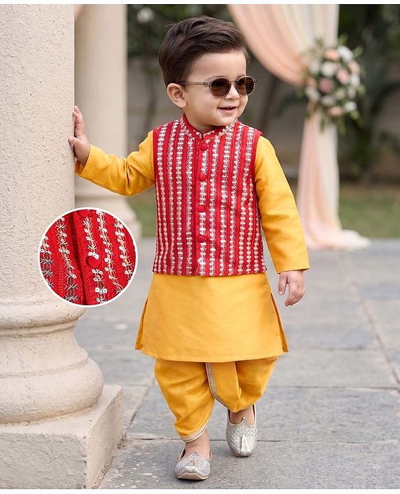Babyhug Cotton Blend Woven Full Sleeves Solid Dhoti Kurta Set With Sequin Detailing & Embroidery Jacket - Mustard