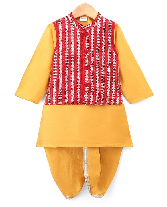 Babyhug Cotton Blend Woven Full Sleeves Solid Dhoti Kurta Set With Sequin Detailing & Embroidery Jacket - Mustard