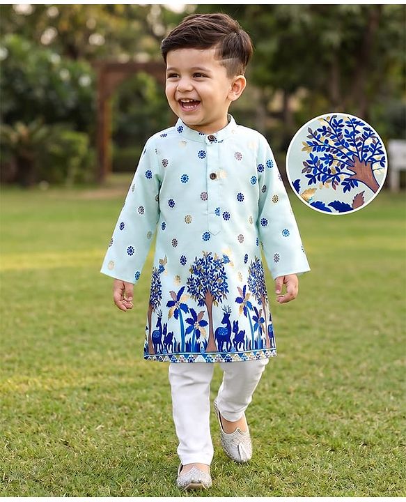 Babyhug 100% Cotton Woven Full Sleeves Floral Foil Printed Kurta & Pyjama Set - Light Blue