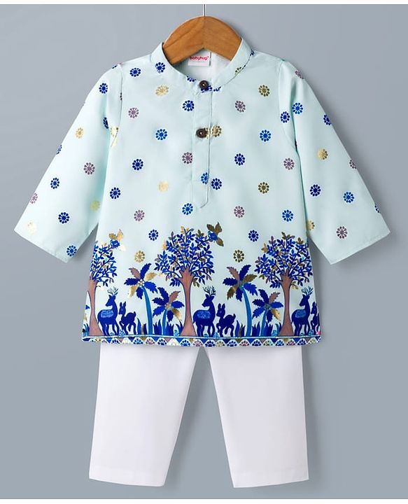 Babyhug 100% Cotton Woven Full Sleeves Floral Foil Printed Kurta & Pyjama Set - Light Blue