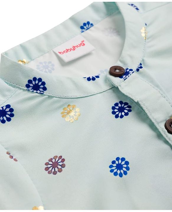 Babyhug 100% Cotton Woven Full Sleeves Floral Foil Printed Kurta & Pyjama Set - Light Blue