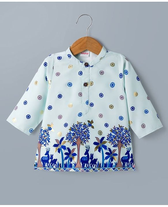 Babyhug 100% Cotton Woven Full Sleeves Floral Foil Printed Kurta & Pyjama Set - Light Blue