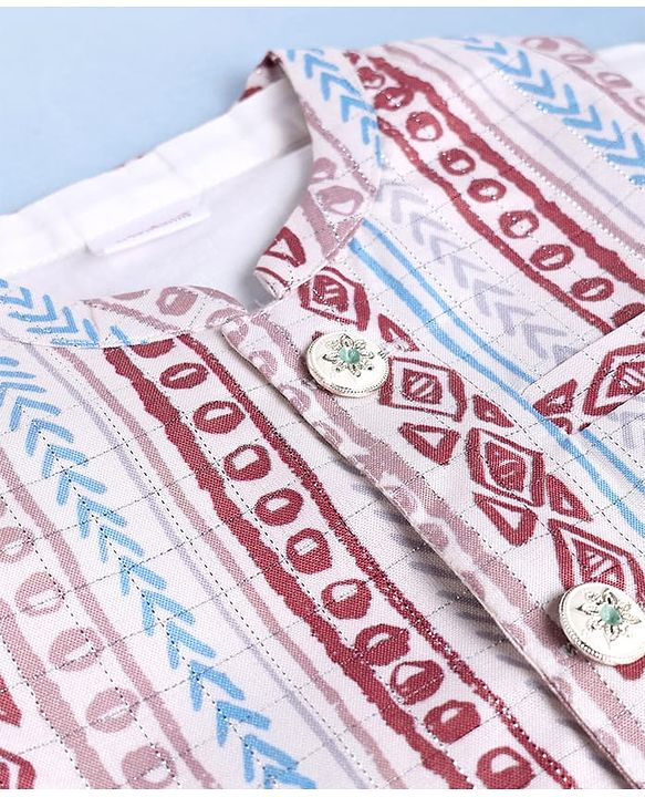 Babyhug Cambric 100% Cotton Woven Full Sleeves Kurta & Pyjama Set With Printed Jacket - White