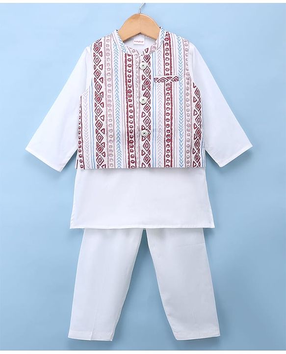Babyhug Cambric 100% Cotton Woven Full Sleeves Kurta & Pyjama Set With Printed Jacket - White