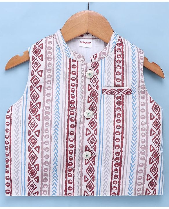 Babyhug Cambric 100% Cotton Woven Full Sleeves Kurta & Pyjama Set With Printed Jacket - White