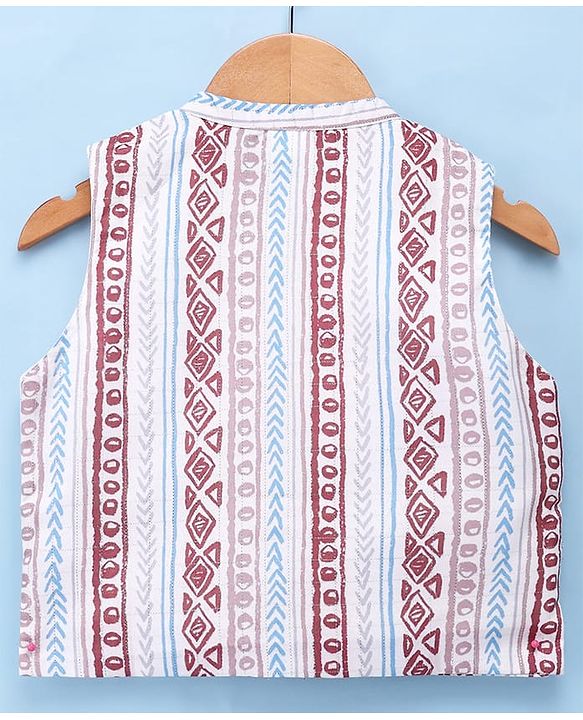 Babyhug Cambric 100% Cotton Woven Full Sleeves Kurta & Pyjama Set With Printed Jacket - White