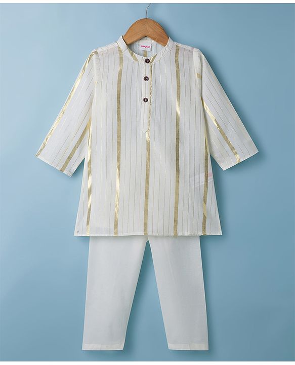 Babyhug 100% Cotton Lurex Woven Full Sleeves Striped Dobby Kurta Pajama Set - White
