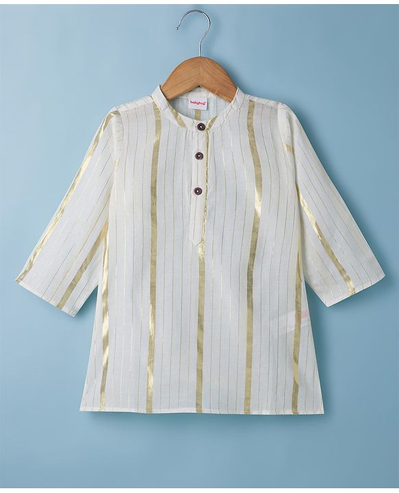 Babyhug 100% Cotton Lurex Woven Full Sleeves Striped Dobby Kurta Pajama Set - White