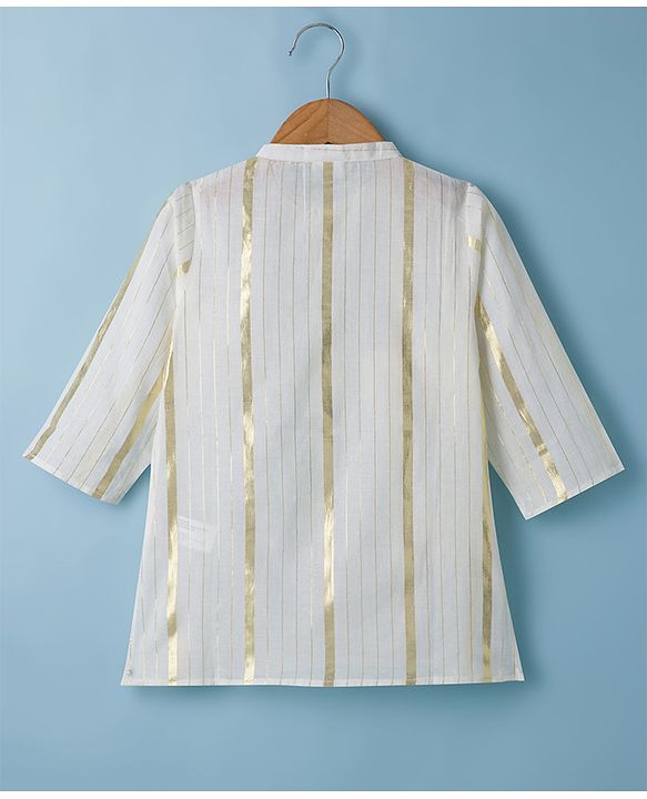 Babyhug 100% Cotton Lurex Woven Full Sleeves Striped Dobby Kurta Pajama Set - White