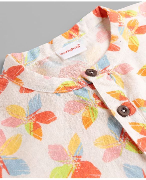 Babyhug 100% Cotton Cambric Woven Full Sleeves Hakkoba Floral Printed Kurta Pajama Set - Off White