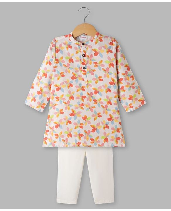 Babyhug 100% Cotton Cambric Woven Full Sleeves Hakkoba Floral Printed Kurta Pajama Set - Off White