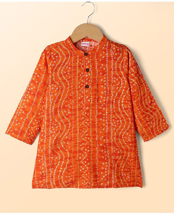 Babyhug 100% Cotton Cambric Woven Full Sleeves Bandhani Printed Kurta Pajama Set - Orange