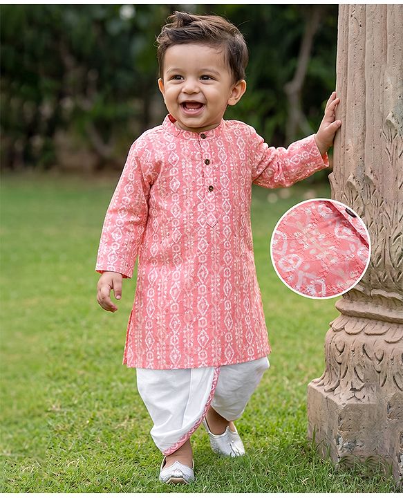 Babyhug 100% Cotton Cambric Woven Full Sleeves Hakkoba Printed Kurta Dhoti Set - Peach