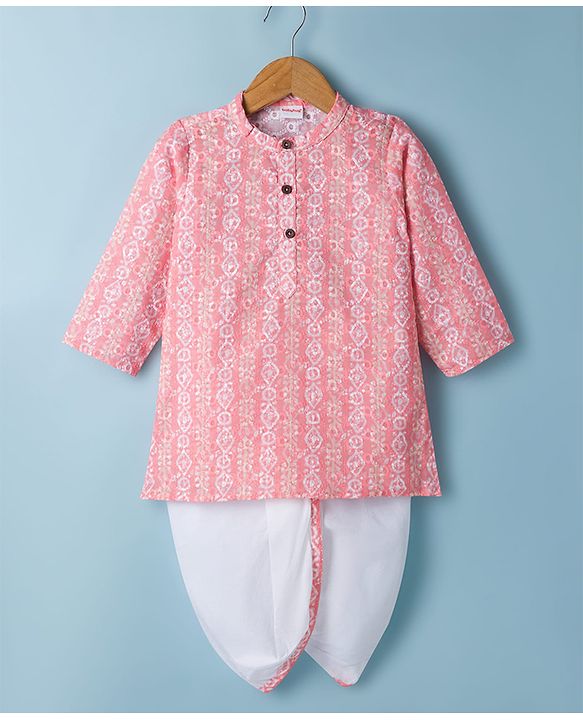 Babyhug 100% Cotton Cambric Woven Full Sleeves Hakkoba Printed Kurta Dhoti Set - Peach