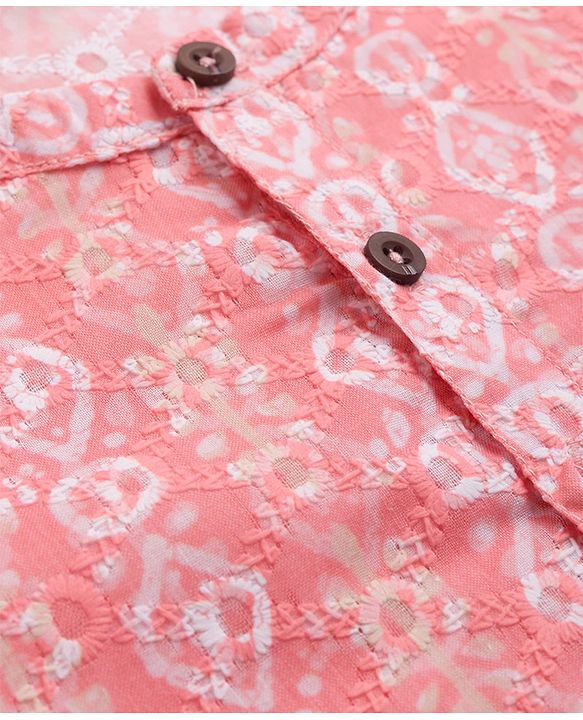 Babyhug 100% Cotton Cambric Woven Full Sleeves Hakkoba Printed Kurta Dhoti Set - Peach
