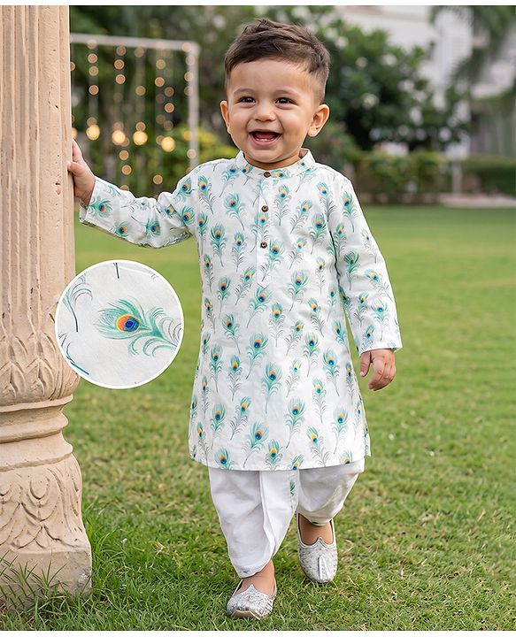 Babyhug 100% Cotton Cambric Woven Full Sleeves Feather Printed Kurta Dhoti Set - White