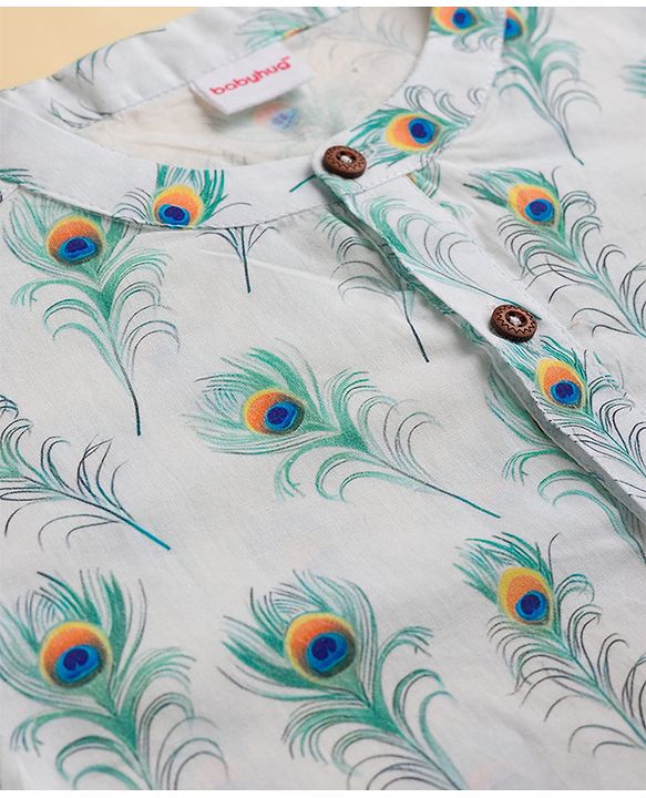 Babyhug 100% Cotton Cambric Woven Full Sleeves Feather Printed Kurta Dhoti Set - White