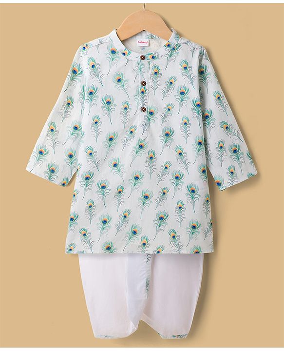 Babyhug 100% Cotton Cambric Woven Full Sleeves Feather Printed Kurta Dhoti Set - White