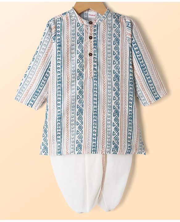 Babyhug 100% Cotton Cambric Woven Full Sleeves Printed Kurta Dhoti Set - Off White
