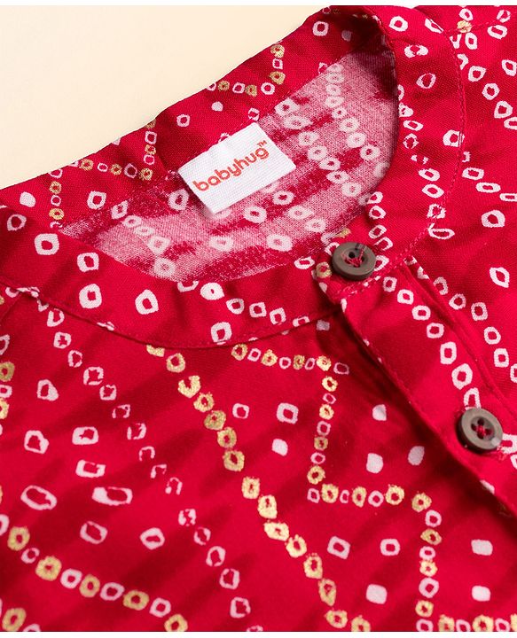 Babyhug 100% Cotton Cambric Woven Full Sleeves Bandhani Printed Kurta Dhoti Set - Dark Red & Wite