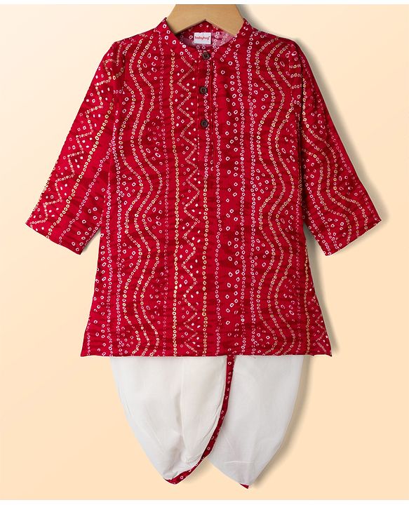 Babyhug 100% Cotton Cambric Woven Full Sleeves Bandhani Printed Kurta Dhoti Set - Dark Red & Wite