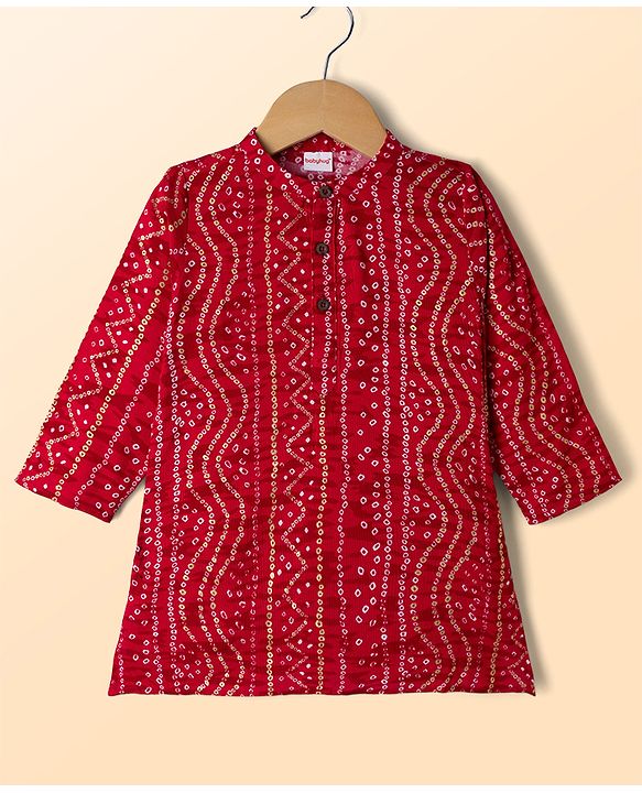 Babyhug 100% Cotton Cambric Woven Full Sleeves Bandhani Printed Kurta Dhoti Set - Dark Red & Wite