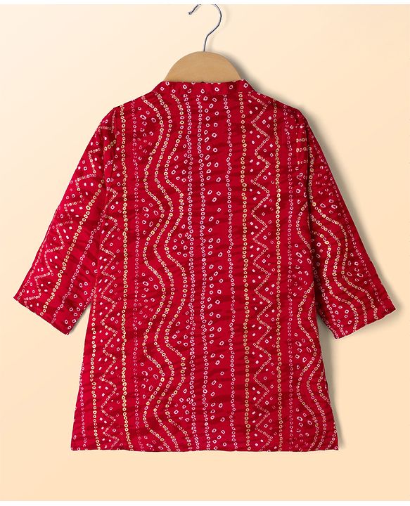 Babyhug 100% Cotton Cambric Woven Full Sleeves Bandhani Printed Kurta Dhoti Set - Dark Red & Wite