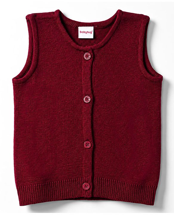 Babyhug Knit Sleeveless Solid Colour Front Open Sweater- Maroon